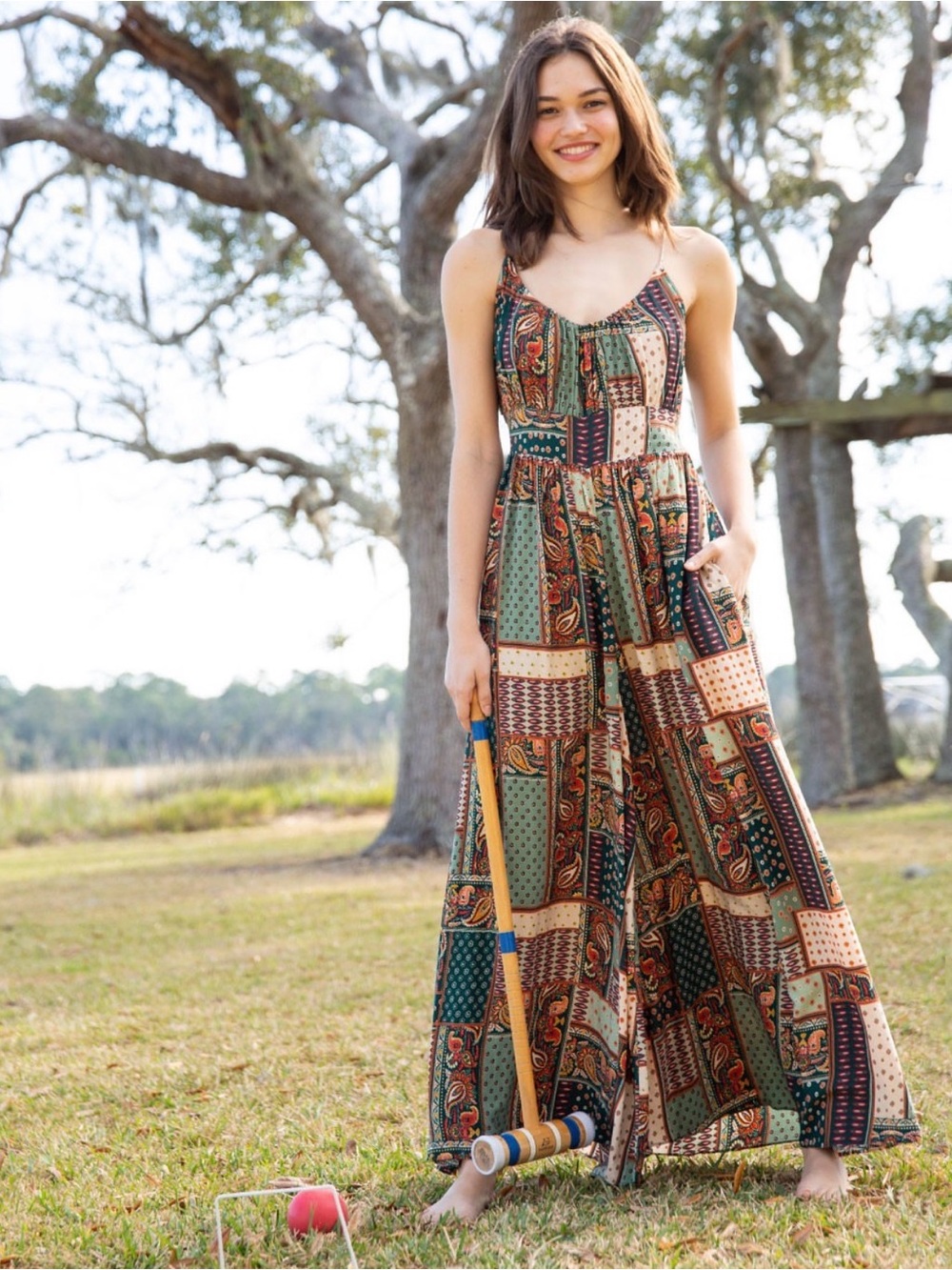Natural Life Golden Eye Paisley Patchwork Wide Leg Jumpsuit Boho Flowy Size XL